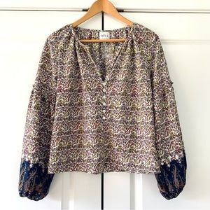 Misa Blouse Long Sleeve Peasant Top V Neck Printed Boho Button Front Size Small